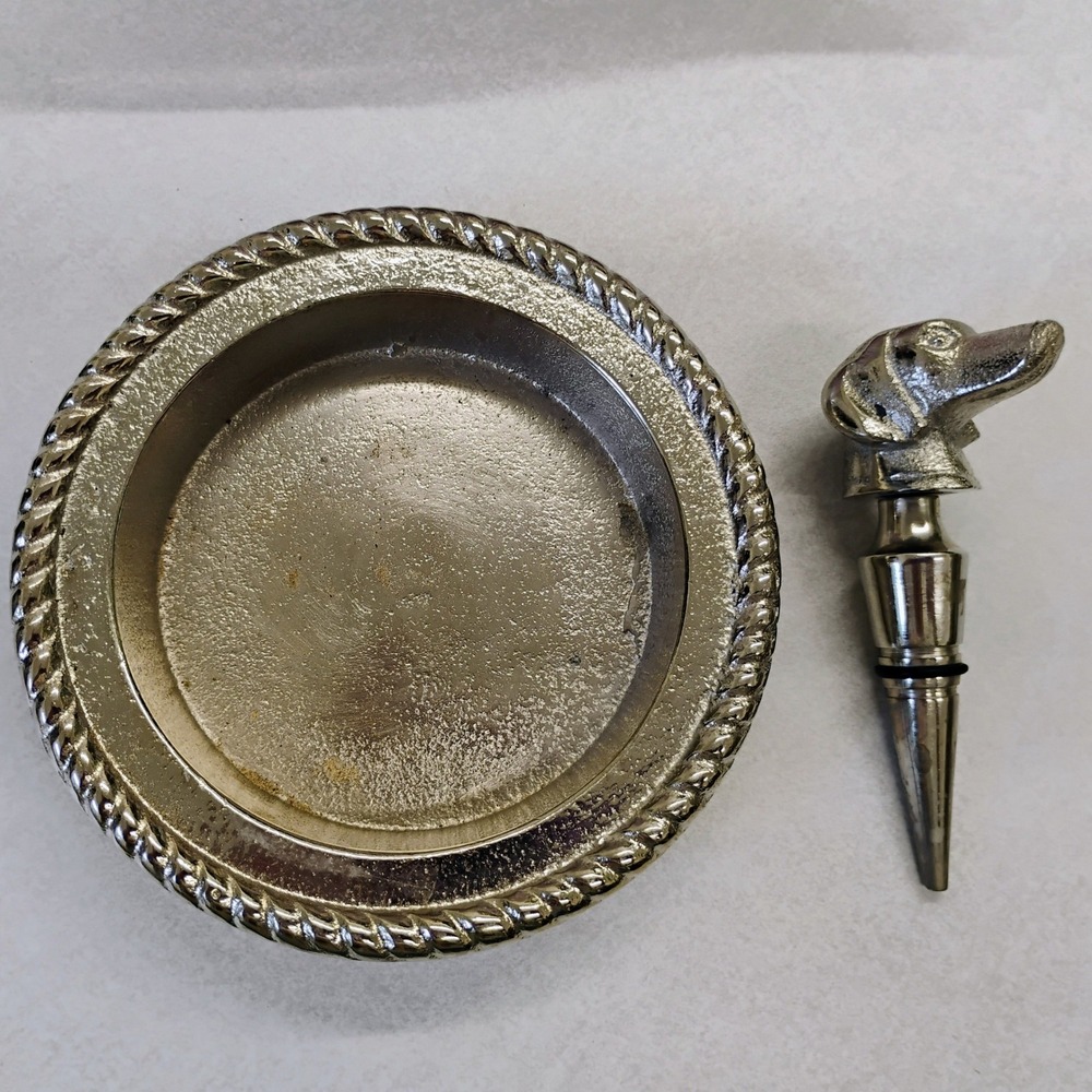 Vintage Silver Tone Hound Dachshund Head Wine Stopper and Rope Twist Coaster Set